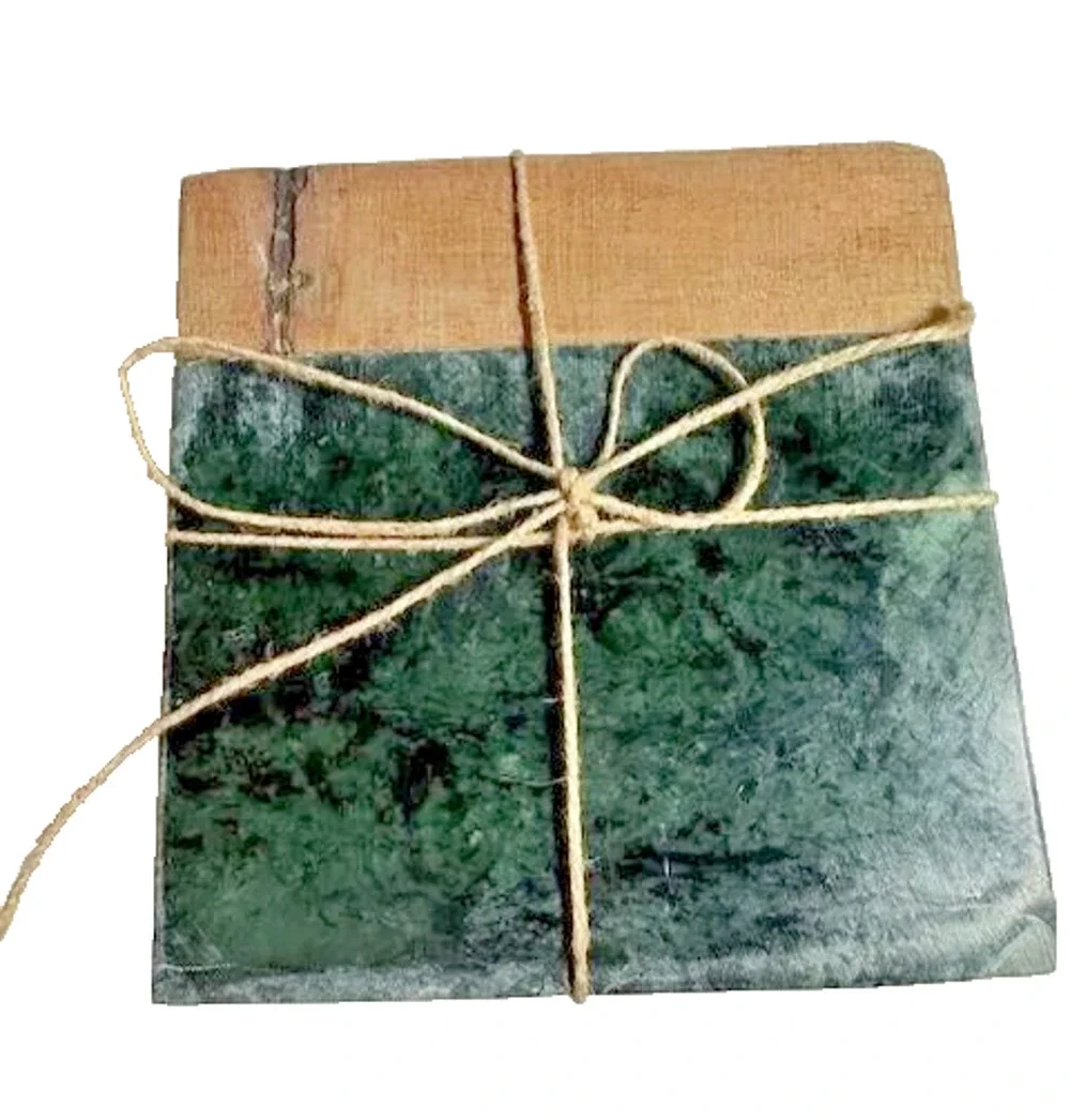 Set of 4 Acacia Wood Green Marble Coasters Natural Stone Drink Coaster Set New